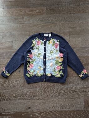 Northern Treasures Vintage Hand Knit Floral Sailboat Bird Chunky Cardigan Large